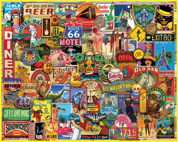 A vibrant jigsaw puzzle featuring a collage of colorful vintage advertisements and signs. The design includes images of a diner, Route 66, tropical themes, and various humorous slogans, evoking a nostalgic atmosphere.