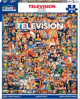 The Television History Jigsaw Puzzle by White Mountain Puzzles showcases a vibrant collage of iconic television characters and actors from various eras. The box features colorful artwork that celebrates memorable moments and beloved series, making it a perfect choice for puzzle enthusiasts and TV fans alike. This 1000-piece puzzle comes with a bonus poster for reference.