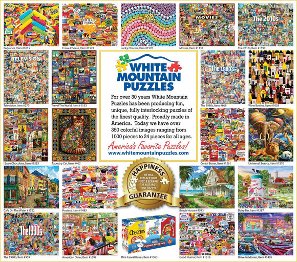 A colorful jigsaw puzzle featuring various iconic television shows and moments throughout history, created by White Mountain Puzzles. The puzzle showcases vibrant artwork that celebrates television culture, making it a fun and engaging activity for puzzle enthusiasts and TV lovers alike.