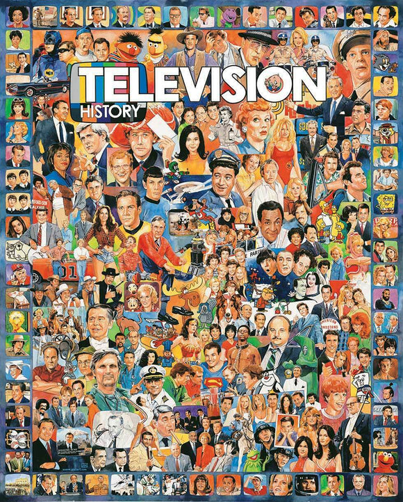 A vibrant jigsaw puzzle featuring iconic television characters and scenes from various eras, including retro and modern figures. The collage is colorful and detailed, showcasing famous shows and personalities in a fun, nostalgic design that's perfect for television enthusiasts and puzzle lovers.