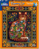 Tapestry Cat jigsaw puzzle by White Mountain Puzzles featuring a vibrant illustration of a cat adorned with colorful flowers. The background is richly decorated with ornamental patterns. This 1000-piece puzzle is designed for both cat lovers and puzzle enthusiasts, offering a challenging yet rewarding experience.