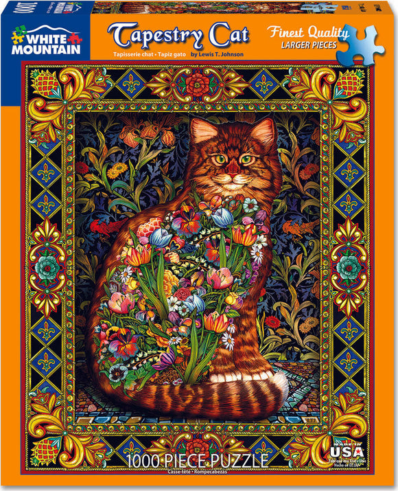 Tapestry Cat jigsaw puzzle by White Mountain Puzzles featuring a vibrant illustration of a cat adorned with colorful flowers. The background is richly decorated with ornamental patterns. This 1000-piece puzzle is designed for both cat lovers and puzzle enthusiasts, offering a challenging yet rewarding experience.