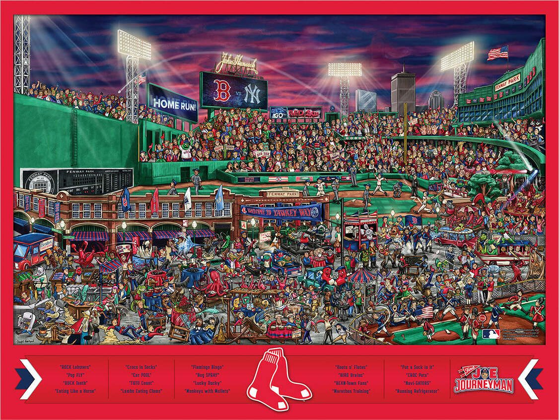 Boston Red Sox themed jigsaw puzzle by White Mountain Puzzles. The intricate design depicts Fenway Park filled with cheering fans, players, and various baseball scenes, creating a vibrant and lively atmosphere, perfect for sports enthusiasts and puzzle lovers alike.