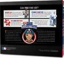 Jigsaw puzzle featuring the Boston Red Sox theme, created by White Mountain Puzzles. The puzzle design includes vibrant artwork with hidden characters and elements related to baseball, inviting players of all ages to engage in a fun and challenging activity. The packaging showcases a colorful depiction of a character named Joe Journeyman, encouraging puzzle enthusiasts to find him within the puzzle pieces.