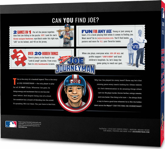 Jigsaw puzzle featuring the Boston Red Sox theme, created by White Mountain Puzzles. The puzzle design includes vibrant artwork with hidden characters and elements related to baseball, inviting players of all ages to engage in a fun and challenging activity. The packaging showcases a colorful depiction of a character named Joe Journeyman, encouraging puzzle enthusiasts to find him within the puzzle pieces.