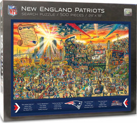 New England Patriots jigsaw puzzle box featuring vibrant artwork with over 500 pieces. The scene captures a lively crowd at a sports event, filled with detailed characters and activities, showcasing the spirit of the New England Patriots.
