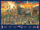 A vibrant jigsaw puzzle featuring a collage of scenes celebrating the New England Patriots. The artwork showcases fans, iconic NFL imagery, and playful activities. The background features a skyline with bright skies, banners supporting the team, and various characters engaging in fun events, creating an exciting tribute to New England football culture.