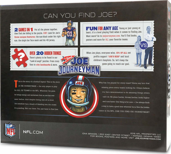 New England Patriots jigsaw puzzle featuring Joe Journeyman, a character symbolizing a football legend. The puzzle includes 2 games in 1 and over 20 hidden items to find, suitable for all ages. Fun design with NFL branding and vibrant artwork depicting Joe in a football helmet. Ideal for fans of football and jigsaw puzzles alike.