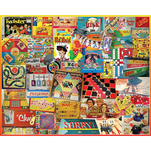 A colorful jigsaw puzzle featuring a collage of classic board games and toys, including Twister, Risk, Candy Land, Clue, and Bingo. The image showcases vibrant artwork and nostalgic game boxes, inviting players to relive fun childhood moments.