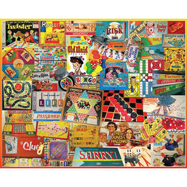 A colorful jigsaw puzzle featuring a collage of classic board games and toys, including Twister, Risk, Candy Land, Clue, and Bingo. The image showcases vibrant artwork and nostalgic game boxes, inviting players to relive fun childhood moments.