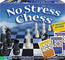 The No Stress Chess game by Winning Moves features a unique board with both black and white chess pieces positioned on it. The packaging highlights the game’s tagline, 'It Really Works!' and includes instruction cards for the King, Queen, and Rook pieces, demonstrating an innovative approach to learning chess without stress.