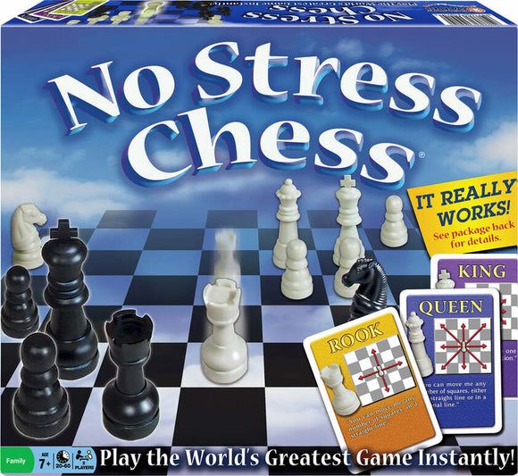 The No Stress Chess game by Winning Moves features a unique board with both black and white chess pieces positioned on it. The packaging highlights the game’s tagline, 'It Really Works!' and includes instruction cards for the King, Queen, and Rook pieces, demonstrating an innovative approach to learning chess without stress.