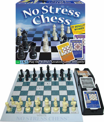 No Stress Chess game by Winning Moves featuring an illustrated box cover, a chessboard with pieces ready for play, and instructional cards for beginners to learn the game easily. The game is designed for ages 7 and up, promoting a fun introduction to chess without the stress.