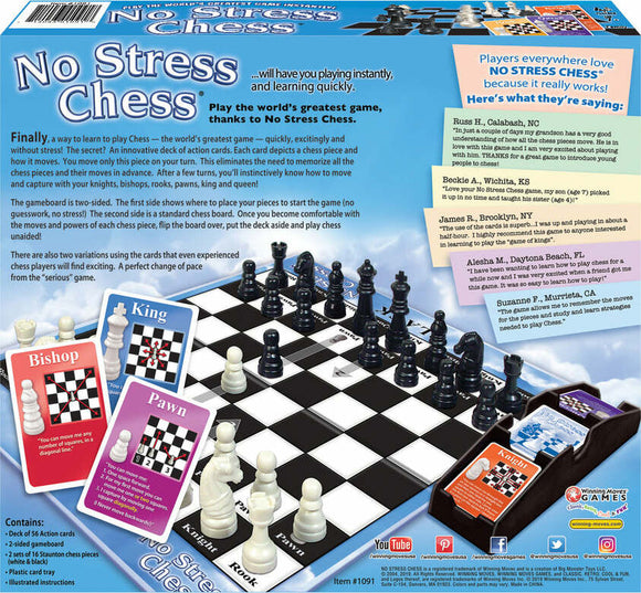 No Stress Chess game by Winning Moves, featuring a two-sided gameboard and a deck of 56 action cards that simplify chess learning. The game includes various chess pieces set on a black and white checkered board, along with illustrated instructions. The package showcases vibrant character cards depicting different chess pieces such as Bishop, King, and Pawn, designed to help players learn chess easily and enjoyably.