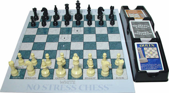 No Stress Chess game by Winning Moves, featuring a colorful chessboard and uniquely designed pieces. The board displays an easy-to-read layout with instructions and the pieces are arranged for play. Ideal for beginners and casual players, it offers a simplified approach to traditional chess.