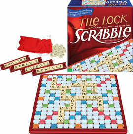 The Scrabble game by Winning Moves features a vibrant game board with a grid of letter tiles already placed. The box states 'Tile Lock Scrabble', showcasing an innovative game design that keeps tiles secure. Visible items include a red fabric bag for tile storage and several letter tiles displayed on the game board, arranged to form various words, suggesting an engaging and interactive gameplay experience for family and friends.