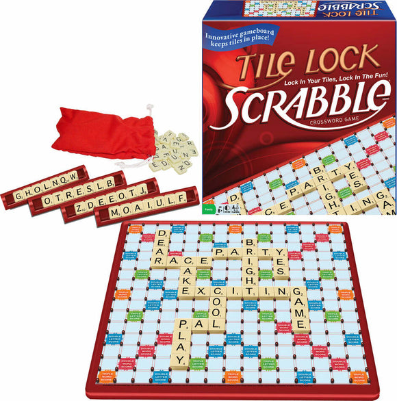 The Scrabble game by Winning Moves features a vibrant game board with a grid of letter tiles already placed. The box states 'Tile Lock Scrabble', showcasing an innovative game design that keeps tiles secure. Visible items include a red fabric bag for tile storage and several letter tiles displayed on the game board, arranged to form various words, suggesting an engaging and interactive gameplay experience for family and friends.