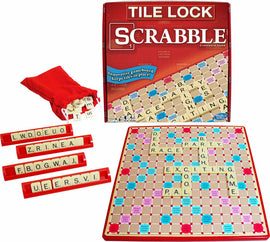 Scrabble game by Winning Moves featuring a tile lock gameboard that keeps tiles in place. The image displays the game box, tiles in a red bag, and an active game board with various words formed by colorful letter tiles.