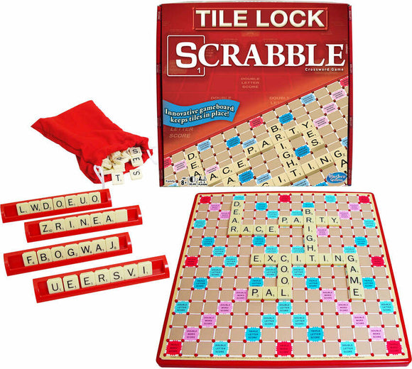 Scrabble game by Winning Moves featuring a tile lock gameboard that keeps tiles in place. The image displays the game box, tiles in a red bag, and an active game board with various words formed by colorful letter tiles.