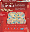 A detailed view of the Scrabble game made by Winning Moves. The image showcases the innovative tile-lock gameboard, colorful Scrabble letter tiles arranged on the board, and the contents including racks for the tiles and a drawing tile bag. The design emphasizes the ease of play, making it ideal for family and friends. The board is shown from an angle, indicating its portable feature.
