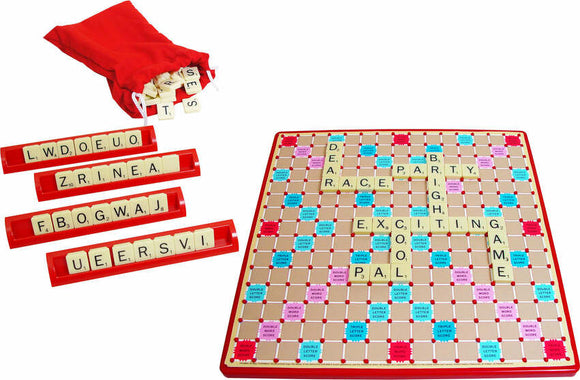 Scrabble game by Winning Moves displayed with a red drawstring bag containing letter tiles, four tile racks, and the game board featuring various words arranged on a colorful grid. The board includes double and triple letter and word score tiles, enhancing word game strategy.