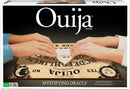 Classic Ouija game by Winning Moves, featuring a vintage design on a sturdy wooden board. Two hands are positioned on a planchette, ready to communicate. The board has mystical symbols and the word 'Ouija' prominently displayed.