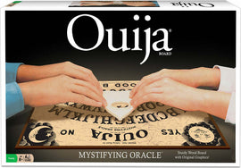 Classic Ouija game by Winning Moves, featuring a vintage design on a sturdy wooden board. Two hands are positioned on a planchette, ready to communicate. The board has mystical symbols and the word 'Ouija' prominently displayed.