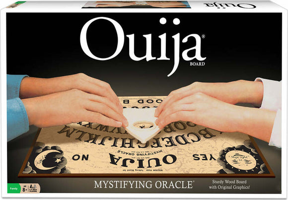 Classic Ouija game by Winning Moves, featuring a vintage design on a sturdy wooden board. Two hands are positioned on a planchette, ready to communicate. The board has mystical symbols and the word 'Ouija' prominently displayed.