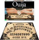 The Classic Ouija board game by Winning Moves features a sturdy wooden board with mystical graphics. The board displays letters, numbers, and phrases like 'Yes', 'No', and 'Good Bye'. A planchette is prominently positioned at the center, ready for use in seeking answers from the beyond. The packaging shows two hands poised above the board, evoking an atmosphere of mystery and excitement for family gatherings.