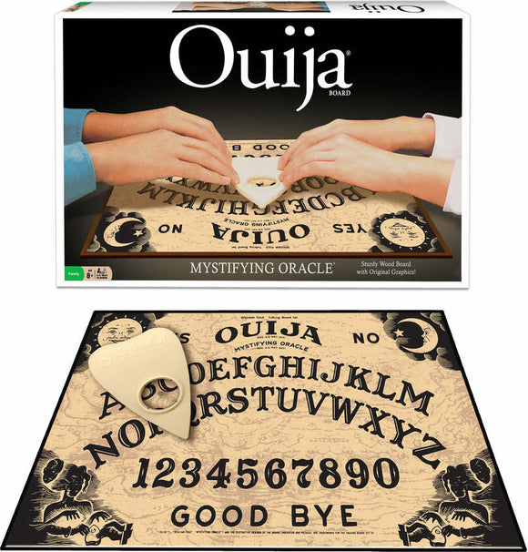 The Classic Ouija board game by Winning Moves features a sturdy wooden board with mystical graphics. The board displays letters, numbers, and phrases like 'Yes', 'No', and 'Good Bye'. A planchette is prominently positioned at the center, ready for use in seeking answers from the beyond. The packaging shows two hands poised above the board, evoking an atmosphere of mystery and excitement for family gatherings.