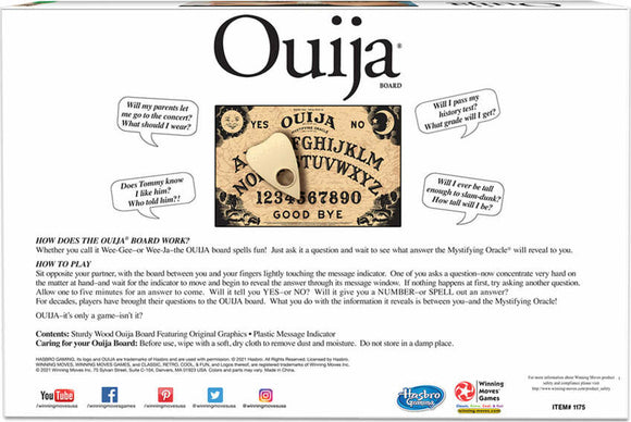 The Classic Ouija board game by Winning Moves features a vintage design with a sturdy wooden board displaying letters, numbers, and the words 'Good Bye.' Accompanied by a plastic message indicator, it invites players to engage in mystifying questions and answers with the spirit world, promoting fun and intriguing gameplay experiences.