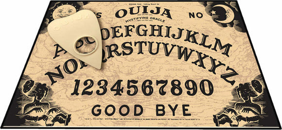 Classic Ouija board by Winning Moves, featuring a wooden plank surface with letters, numbers, and the words 'GOOD BYE'. Accompanied by a planchette for sliding over letters to communicate.