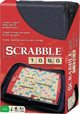 Scrabble To Go by Hasbro features a portable game design with unique snap-in letter tiles and a gridded board. The image shows the neatly arranged game pieces and a handy zippered case for easy storage, illustrating its convenience for travel and mid-game breaks.