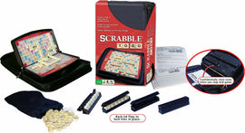 Scrabble To Go by Hasbro, featuring a compact game board designed for travel. The set includes game tiles, tile racks, and a storage bag. The board has flip-up tiles to secure them during play, and additional racks for tile storage. Instructions are included for easy gameplay.