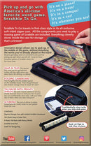 Scrabble To Go game by Hasbro, presented in a compact, all-inclusive storage case. The image shows a partially opened case revealing the gridded Scrabble game board, snap-in tiles, and plastic tile racks with privacy shields. Ideal for travel, the game includes a scorepad and a storage bag, emphasizing its portability and ease of use.