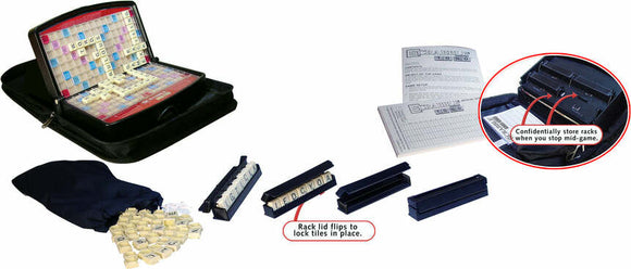 Scrabble To Go travel game by Hasbro laid out with game board, letter tiles, storage racks, and an instruction booklet. The compact case opens to reveal a colorful game board with letter tiles available in a bag, designed for easy portability. Special features include racks for tile storage that flip to lock in place, allowing for mid-game pauses, ensuring a convenient gameplay experience anywhere.