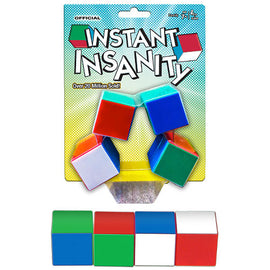 Instant Insanity is a colorful mechanical puzzle featuring five interlocking cubes in red, blue, green, and white. The packaging highlights the game, claiming over 20 million units sold, perfect for challenging your spatial reasoning and problem-solving skills.