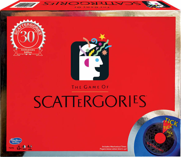 Scattergories 30th Anniversary game box by Winning Moves. The box is bright red with a playful design featuring a stylized head and colorful elements symbolizing thoughts. It includes a mechanical timer for gameplay, with bold text reading 'The Game of Scattergories' prominently displayed.