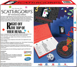 Scattergories 30th Anniversary Edition game box by Winning Moves. The box features colorful graphics, including the Scattergories logo, and details about gameplay. It includes components like answer pads, a mechanical timer, and a 20-sided letter die, encouraging fast-thinking and creativity in a fun, competitive format.
