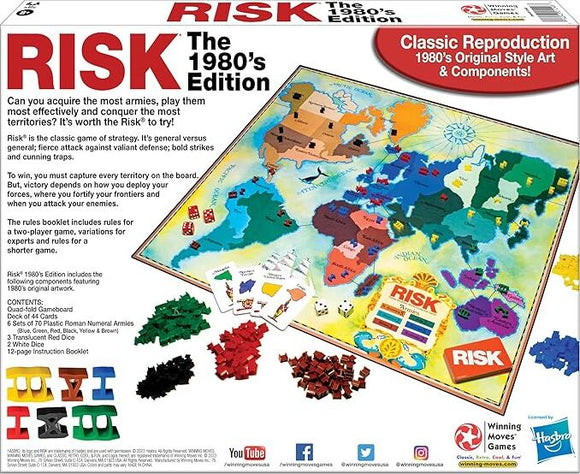 Risk 1980's Edition board game by Winning Moves. The game features a world map in retro 1980s style with colorful plastic army pieces in red, yellow, green, and blue. Includes dice and a rules booklet for gameplay. Perfect for strategic fun and competitive play.