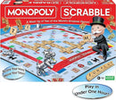 Monopoly Scrabble game by Winning Moves featuring a colorful game board that combines elements of both Monopoly and Scrabble. The board showcases a grid with letter tiles where players score points by forming words, while also managing their game pieces similar to Monopoly. The iconic Monopoly character wearing a top hat is shown with a dog token, along with money tokens scattered across the board. The game encourages strategic thinking and wordplay.