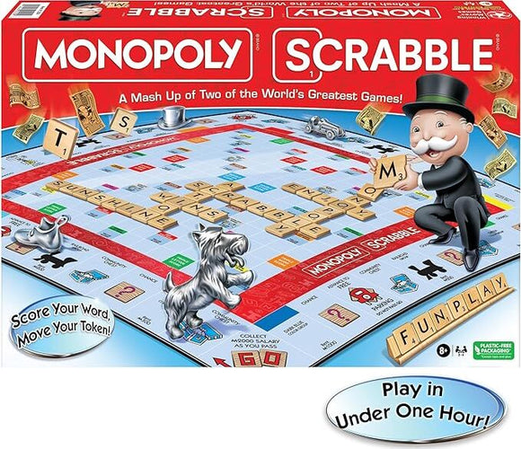 Monopoly Scrabble game by Winning Moves featuring a colorful game board that combines elements of both Monopoly and Scrabble. The board showcases a grid with letter tiles where players score points by forming words, while also managing their game pieces similar to Monopoly. The iconic Monopoly character wearing a top hat is shown with a dog token, along with money tokens scattered across the board. The game encourages strategic thinking and wordplay.