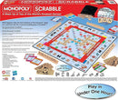 Monopoly Scrabble game by Winning Moves, featuring a combination of Monopoly and Scrabble gameplay. The board displays various letters, properties, and game pieces, illustrating a fun and interactive experience. The box includes rules and components layout, emphasizing gameplay that can be completed in under an hour.