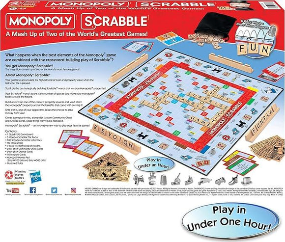 Monopoly Scrabble game by Winning Moves, featuring a combination of Monopoly and Scrabble gameplay. The board displays various letters, properties, and game pieces, illustrating a fun and interactive experience. The box includes rules and components layout, emphasizing gameplay that can be completed in under an hour.