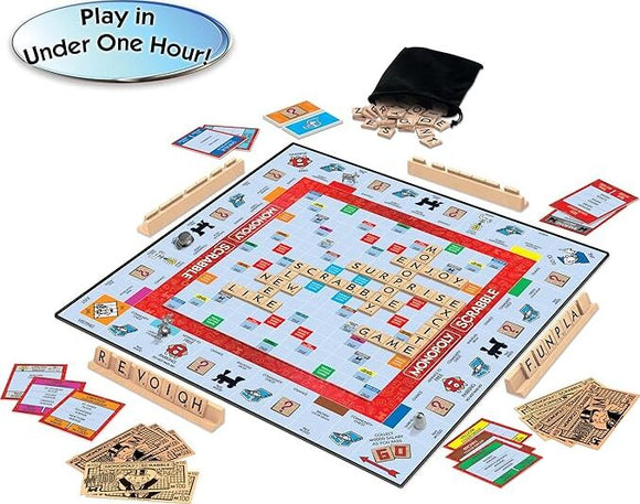 Monopoly Scrabble game by Winning Moves, featuring a colorful game board with a mix of Monopoly and Scrabble elements. Players can enjoy building words while acquiring properties, with game tokens, cards, and letter tiles scattered around. A black bag contains additional tiles. The game promotes fun for families and friends, playable in under one hour.