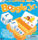 Boggle Jr. game by Winning Moves features colorful letter dice and a card displaying a lion. The packaging emphasizes 'Two Levels of Play' suitable for young children aged 3 and up, highlighting its engaging educational value.