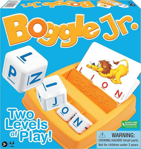 Boggle Jr. game by Winning Moves features colorful letter dice and a card displaying a lion. The packaging emphasizes 'Two Levels of Play' suitable for young children aged 3 and up, highlighting its engaging educational value.