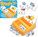 Boggle Jr. game by Winning Moves, featuring colorful letter dice and illustrated word cards. The game includes a bright orange letter holder and flashcards with pictures of animals and objects, designed for young children. The packaging displays the title 'Boggle Jr.' with the tagline 'Two Levels of Play!'