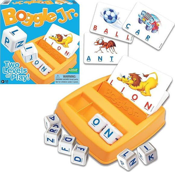Boggle Jr. game by Winning Moves, featuring colorful letter dice and illustrated word cards. The game includes a bright orange letter holder and flashcards with pictures of animals and objects, designed for young children. The packaging displays the title 'Boggle Jr.' with the tagline 'Two Levels of Play!'