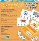 Boggle Jr. by Winning Moves is an engaging educational game designed for preschoolers. The game includes colorful picture cards and letter cubes, featuring activities like matching pictures with words and spelling exercises. It helps develop object and word recognition, spelling, and concentration skills. The packaging shows activities and contents like illustrated instructions, hinting at fun gameplay that promotes early learning.